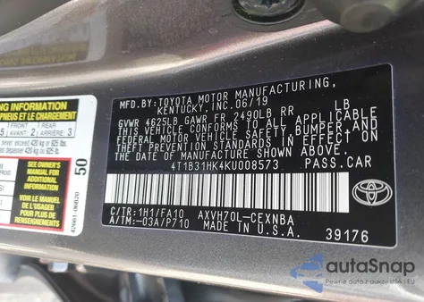 2019 Toyota Camry Hybrid Le from USA, damaged, VIN 4T1B31HK4KU008573